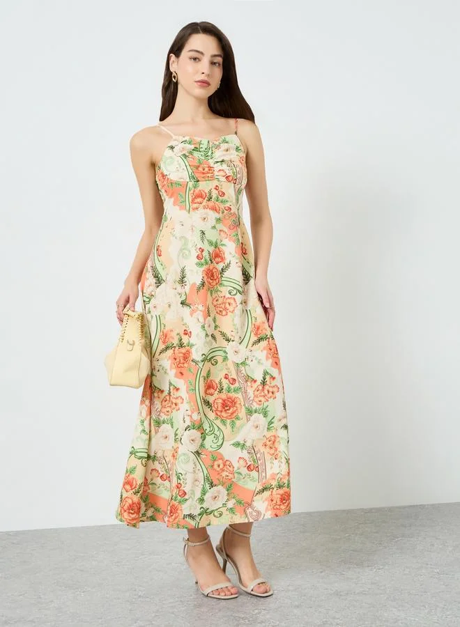 تايك تو فستان طويل بحمالات وتفاصيل كشكش وطبعة زهور للنساء